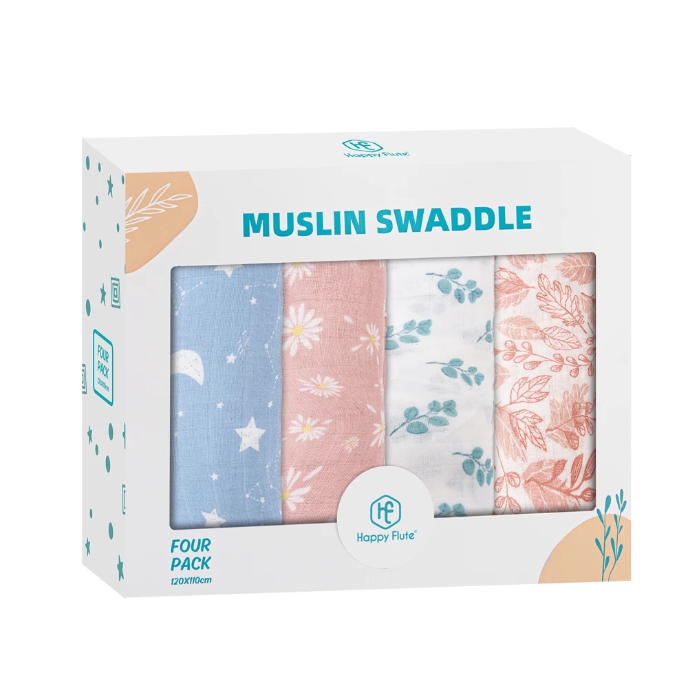 HappyFlute Swaddle Blanket Boutique Muslin Blankets for Girls & Boys Baby Receiving Swaddles Perfect Shower Gifts 4 Pcs/Set