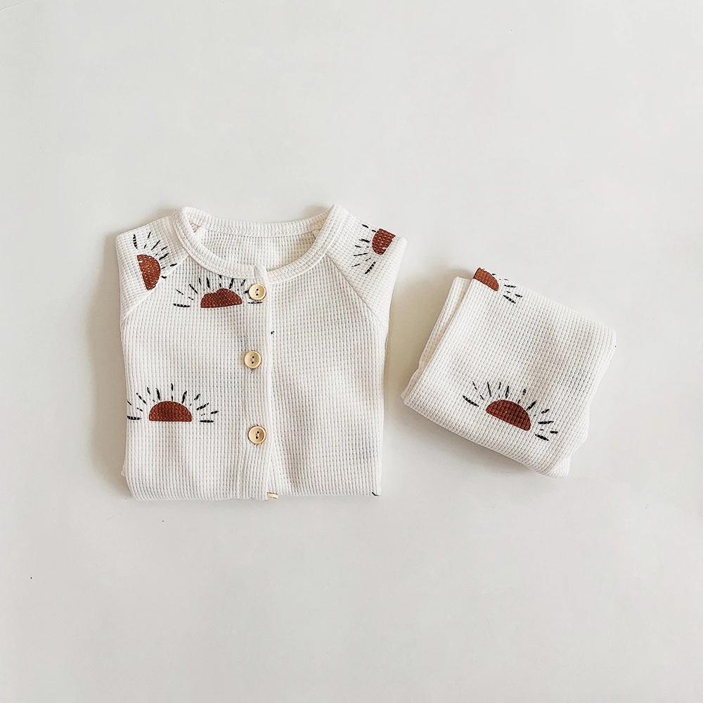 Happyflute Waffle Cotton Soft Baby Underwear Spring And Autumn Home Clothing Kids Sets Printed Cartoon Children's Clothes