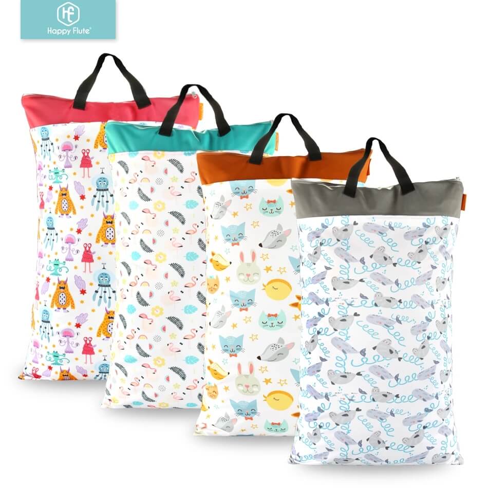 Happy flute 1 pcs Large Hanging Wet/Dry Pail Bag for Cloth Diaper,Inserts,Nappy, Laundry With Two Zippered Waterproof,Reusable