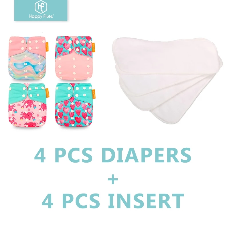 Happyflute 4Pcs Pocket Diapers+4 Pcs Microfiber Insert Reusable Washable Ecological Cloth Diaper Fit 3-15kg Baby